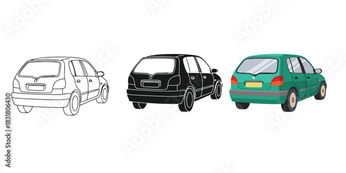 Three hatchback car illustration outline, solid black silhouette, and colored green version