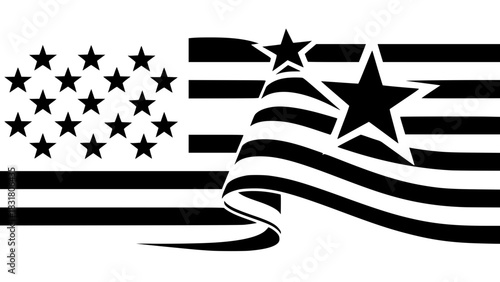 USA flag vector illustration with smooth geometric lines, monochrome style, isolated, high detail stripes and stars, ideal for infographic and branding use