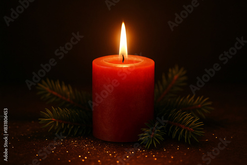 Red Candle Burning with Pine Sprigs and Warm Glow