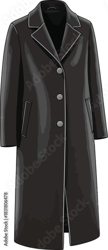 Elegant black overcoat with white trim displayed on a clean white background