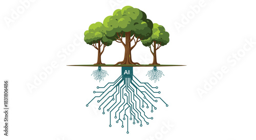 Digital Roots of Trees Symbolizing Technology and Nature Integration, Generative AI.