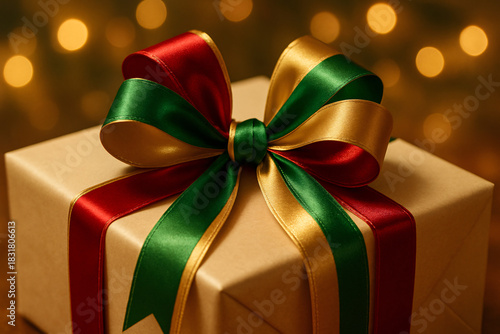 Christmas Gift Box with Red, Green, and Gold Ribbon