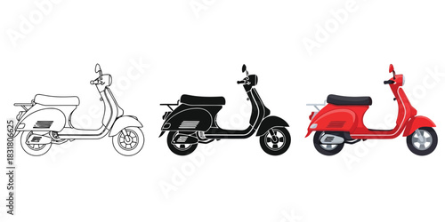 Three classic scooter illustrations in outline, solid black silhouette, and full color red