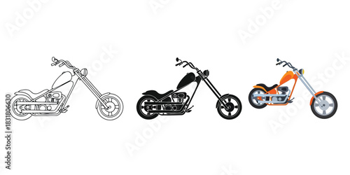 Three chopper motorcycle illustrations showing line art, silhouette, and full color versions