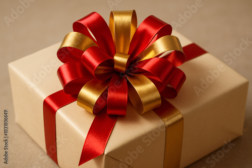 Gift Box with Red and Gold Ribbon for Christmas