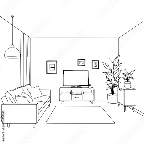 Contemporary interior design sketch in black and white. Straight-on view of a living room with a cozy sofa on the left, TV in the center, pendant lights, framed pictures, and a small cabinet topped wi