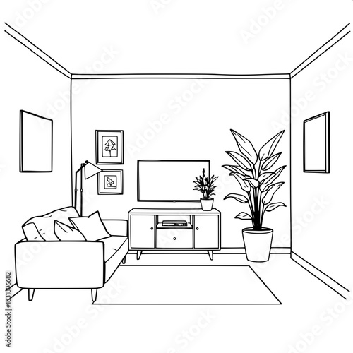 Contemporary interior design sketch in black and white. Straight-on view of a living room with a cozy sofa on the left, TV in the center, pendant lights, framed pictures, and a small cabinet topped wi