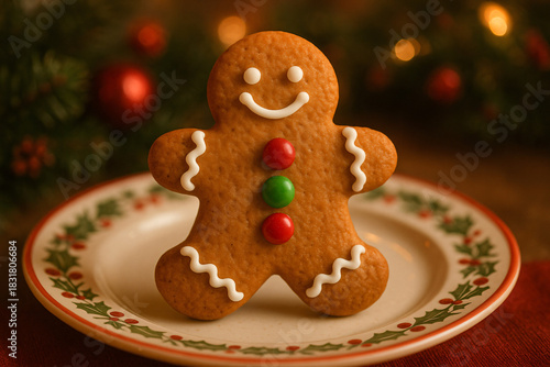 Gingerbread Man Cookie on Christmas Plate with Red and Green Decorations