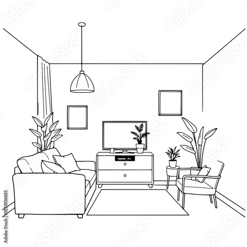 Contemporary interior design sketch in black and white. Straight-on view of a living room with a cozy sofa on the left, TV in the center, pendant lights, framed pictures, and a small cabinet topped wi