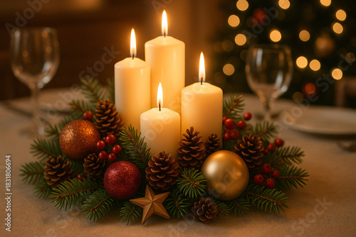 Christmas Candle Arrangement with Pinecones, Ornaments, and Bokeh Lights