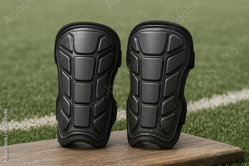 Black soccer shin guards on grass field