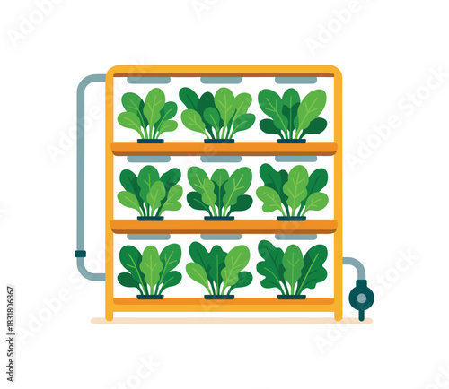 Flat vector illustration of bright hydroponic shelf system with vivid leafy greens and tubes rounded shapes minimal details