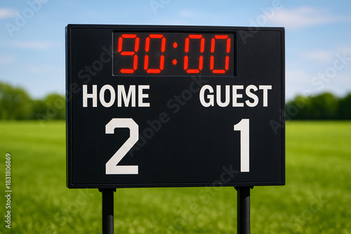 Digital soccer scoreboard with final score 2 1