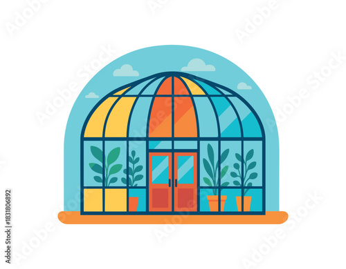 Flat vector illustration of bright rooftop greenhouse with vivid panels and plants inside rounded structure clean vector style