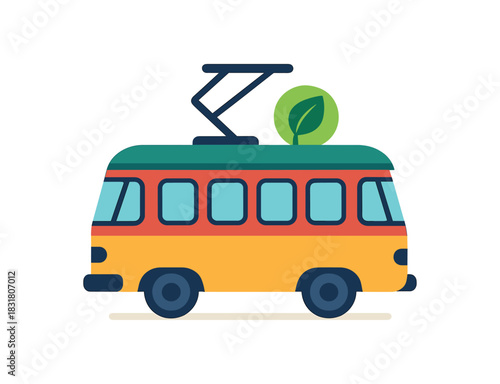 Flat vector illustration of colorful tram powered by renewable energy vivid green leaf icon rounded shapes clean vector