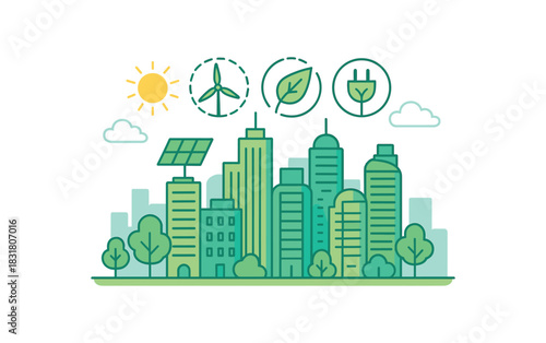 Flat vector illustration of bright city skyline with reduced smog and bold green energy icons rounded buildings clean outline