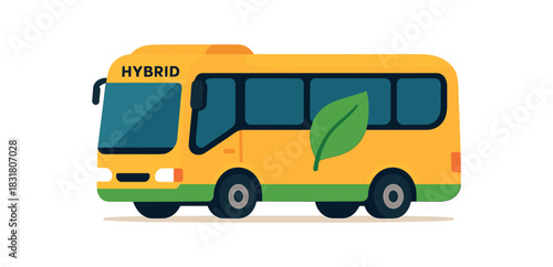 Flat vector illustration of bright hybrid bus with bold eco leaf symbol rounded silhouette minimalistic design