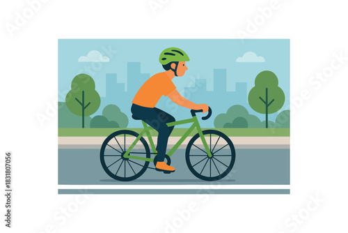 Flat vector illustration of bright cyclist wearing bold green helmet on clearair city lane rounded forms minimalistic detail