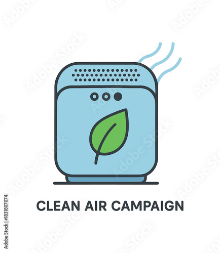 Flat vector illustration of bright air purifier device with bold leaf icon rounded silhouette clean outline clean air campaign