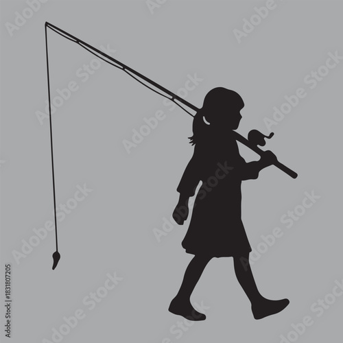 Girl Walking with Fishing Rod silhouette vector design art and illustration