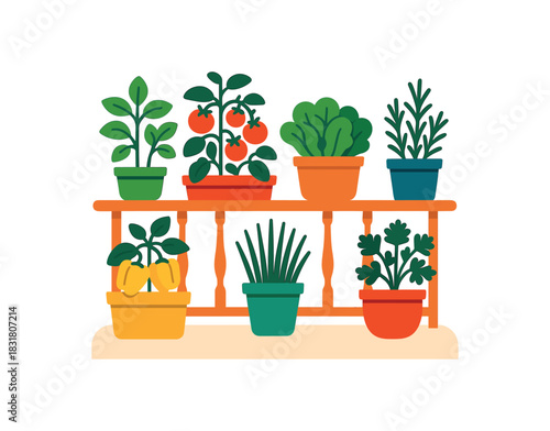 Flat vector illustration of bright balcony garden with vivid pots of herbs and vegetables rounded shapes clean outline clean white background urban gardening