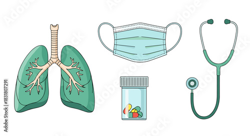 Illustrative representation of vital medical equipment and human anatomy, emphasizing health, protection, and treatment in a clean graphic style.