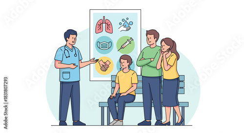 A kind doctor provides important health information and medical advice to a concerned family, emphasizing preventive care and well-being.