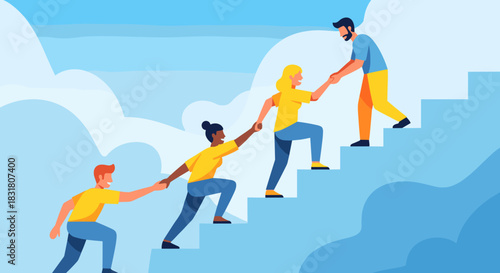 A diverse group of people collaboratively ascends a staircase, illustrating powerful teamwork, mutual support, and shared ambition towards achieving collective success.