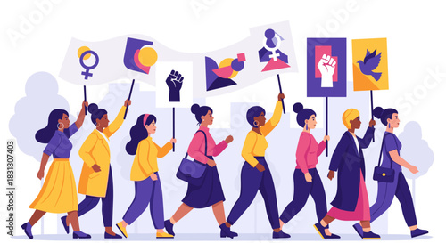 A diverse group of women marches unitedly, advocating for equality and human rights, carrying vibrant signs symbolizing female empowerment and social justice.