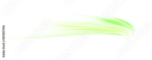 Cyan and green neon lines twist and curve on a transparent PNG. Motion streaks overlap with glowing trails and dynamic speed lines. Vector light ribbons flow and spiral, showing energy and motion.