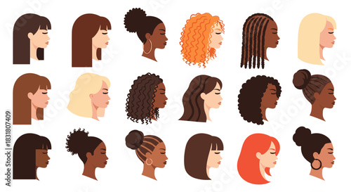 A vibrant collection of diverse female profile illustrations showcasing various hairstyles, skin tones, and cultural backgrounds with modern aesthetic.