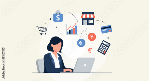 A businesswoman manages various online business and financial operations using her laptop, surrounded by e-commerce and currency icons.