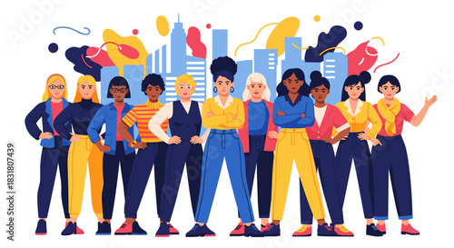 A diverse group of empowered women stands united against a modern city backdrop, symbolizing strength, collaboration, and future success.