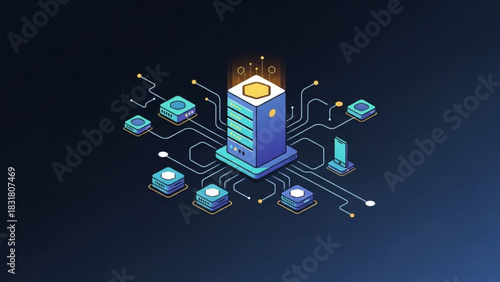 Cloud computing network server data center connection and database system infrastructure isometric illustration