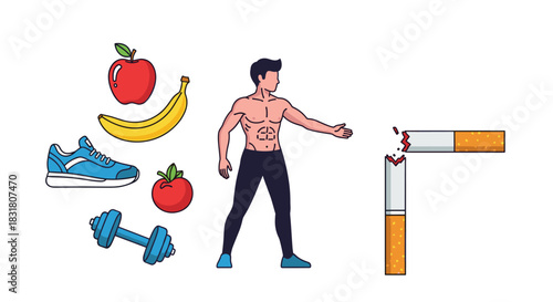 An athletic man chooses a vibrant, healthy lifestyle, embracing fitness and nutritious food while decisively rejecting the harmful habit of smoking.