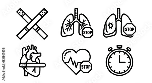 A compelling collection of minimalist line icons illustrates the severe health risks associated with smoking and advocates for immediate cessation.