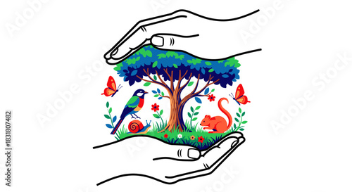 Two hands gently cup a vibrant natural ecosystem, symbolizing global environmental protection and the urgent need for biodiversity conservation.
