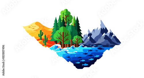 A vibrant flat design vector illustration depicting diverse natural biomes including desert, forest, mountain, and ocean ecosystems, symbolizing global environmental balance and sustainability.