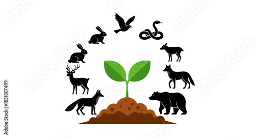 A vibrant green plant emerges from fertile soil, encircled by diverse animal silhouettes, illustrating the delicate balance and vital interconnectedness of an ecosystem.