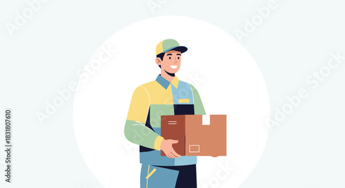 A cheerful delivery man in a modern uniform holds a cardboard package, symbolizing efficient and reliable e-commerce logistics and customer service.