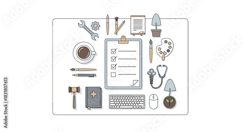 An organized flat lay of professional tools, creative supplies, and hobby items, illustrating the broad spectrum of modern careers and leisure pursuits.