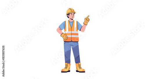 A confident construction professional wearing a hard hat and safety vest stands on a white background, pointing upwards with a clear, instructional gesture.