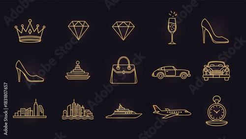 Luxury lifestyle golden outline icons set vector illustration of wealth symbols and rich life elements