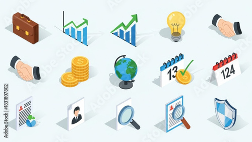 Isometric business and finance icons vector illustration for investment and growth strategy and planning concept