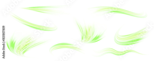 Twisting green and yellow neon streaks flow diagonally on a transparent PNG. Vector curved lines create glowing motion trails. Bright luminous lines and sparkling particles show dynamic speed.