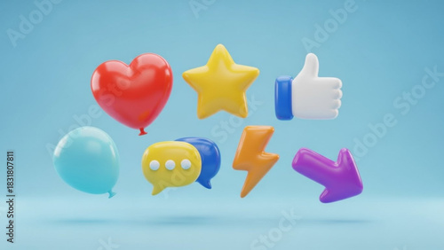 Social media icons 3d render heart star like comment arrow lightning balloon for marketing and promotion