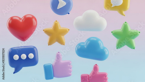 Social media engagement icons 3d render heart like comment share play cloud star for marketing design