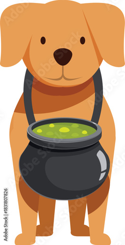 Adorable cartoon dog carrying a cauldron filled with a bubbling green potion, perfect for halloween projects
