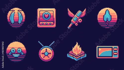 Retro pixel art game icons asset pack vintage style vector illustration design for game developers