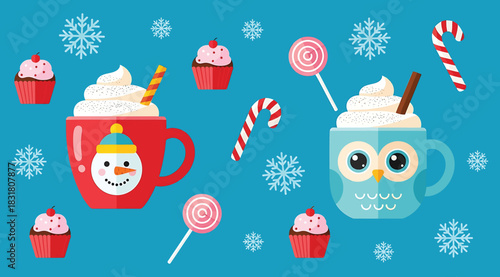 Festive winter scene with two mugs of hot chocolate topped with whipped cream, surrounded by candy canes, cupcakes, lollipops, and snowflakes on a bright blue background illustration